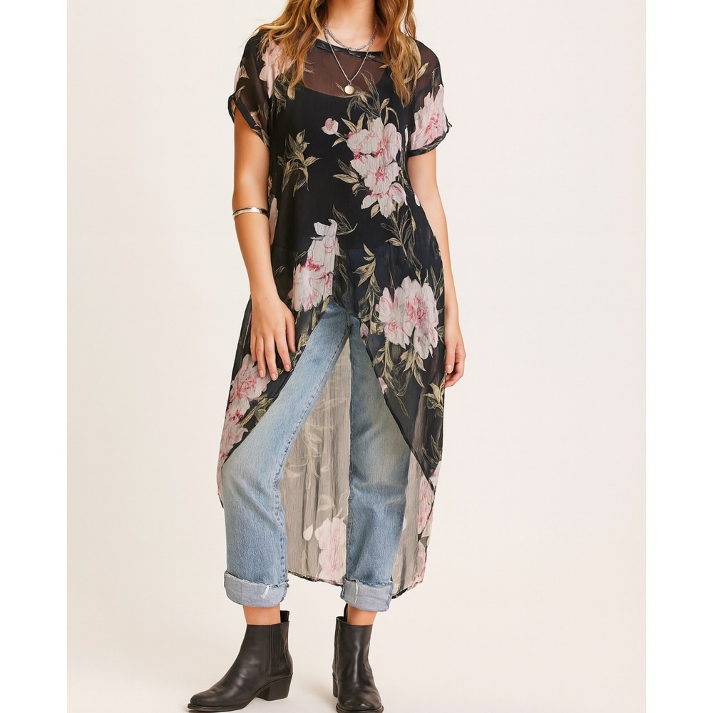 Meraki sz L Womens Sheer Black Floral High Low Tunic Blouse Boho Festival Gypsy